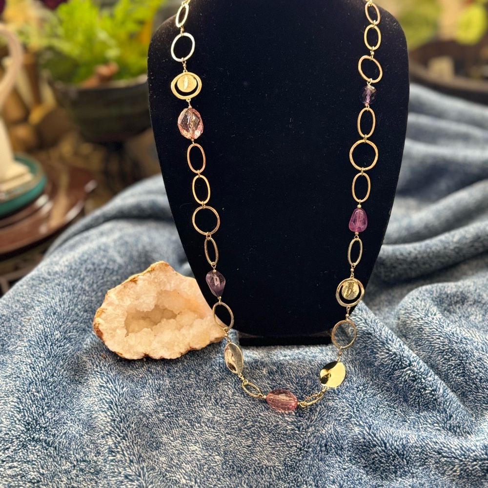 Chico’s Gold Toned Pink/Purple  Beaded Necklace